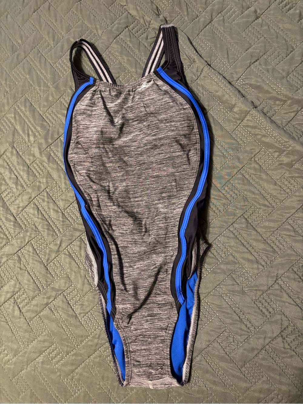 Speedo Gray Heather One-Piece Swimsuit with Blue Trim